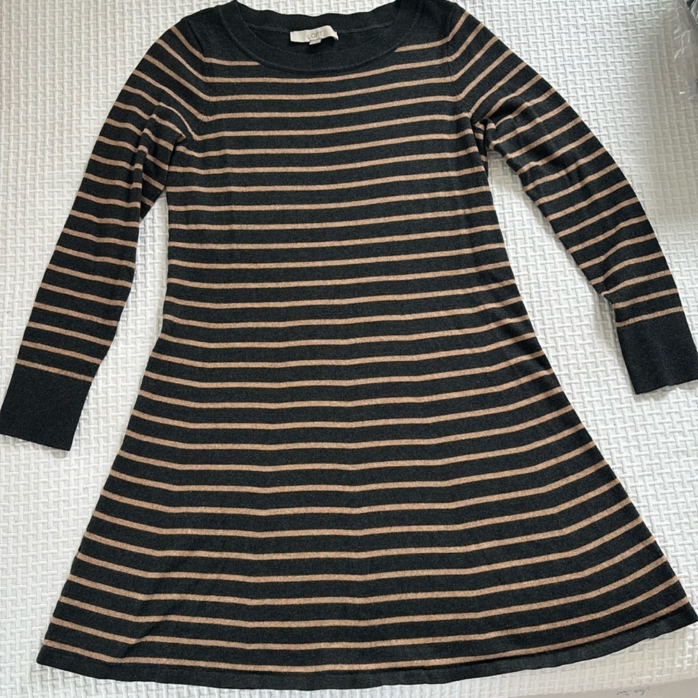 Loft grey/tan stripe swing sweater dress, size M.